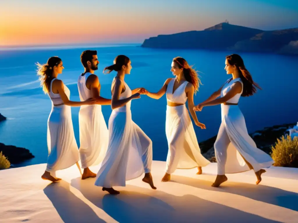 Grupo de bailarines griegos realizando la danza Sirtaki al atardecer, transmitiendo una trascendencia espiritual única en la antigua danza