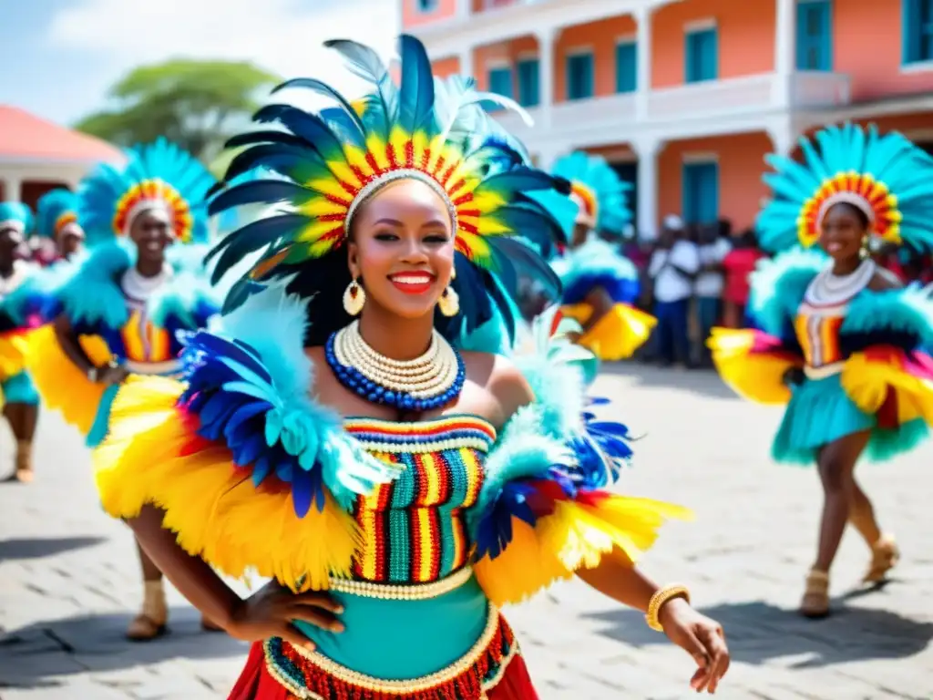 Grupo de bailarines haitianos con trajes tradicionales danza la libertad en una plaza llena de admiradores, bajo la cálida luz dorada