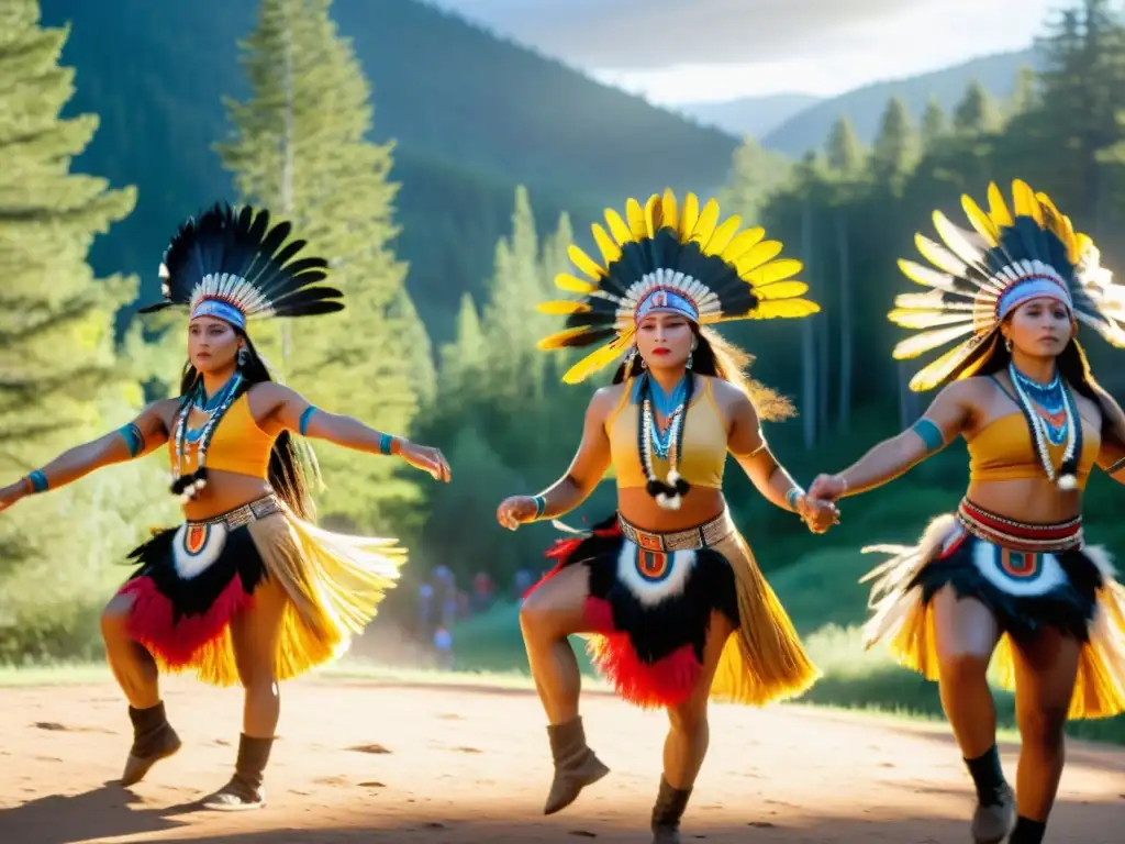 Grupo de bailarines indígenas americanos realizando rituales de danza con pasión y reverencia, rodeados de belleza natural y coloridas vestimentas