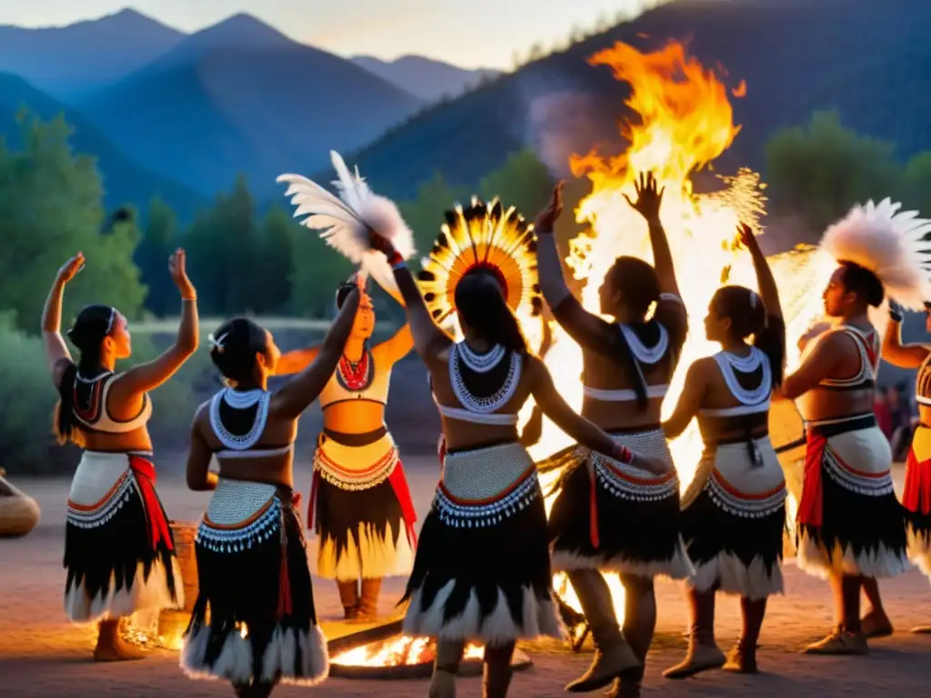 Grupo de bailarines indígenas americanos realizando rituales de danza alrededor de una fogata en un entorno natural impresionante