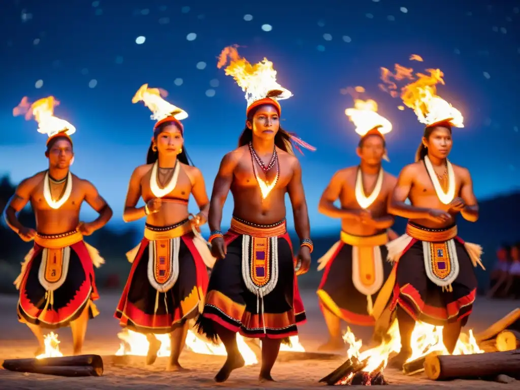 Grupo de bailarines indígenas en atuendos tradicionales danzando alrededor de una fogata, preservación de rituales ancestrales