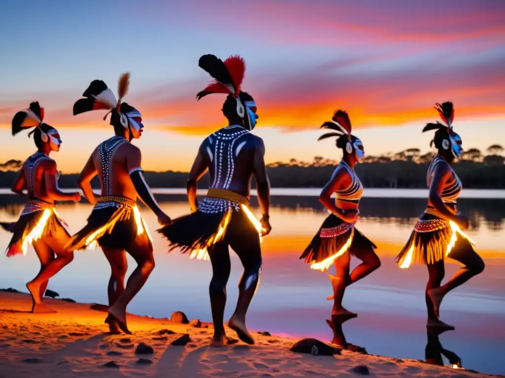 Grupo de bailarines indígenas australianos realizando el Corroboree al atardecer junto a un lago tranquilo, reflejando los colores del cielo