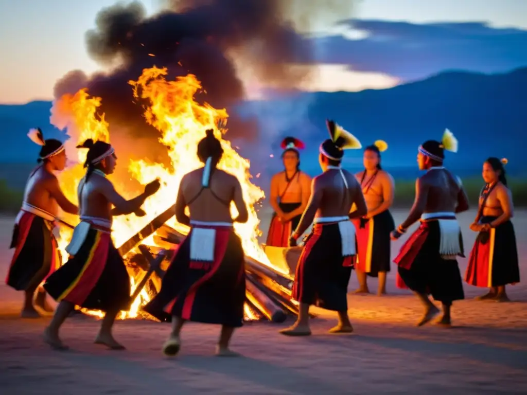 Grupo de bailarines indígenas danzando alrededor de una fogata, en un ritual de trascendencia de los ritos dancísticos