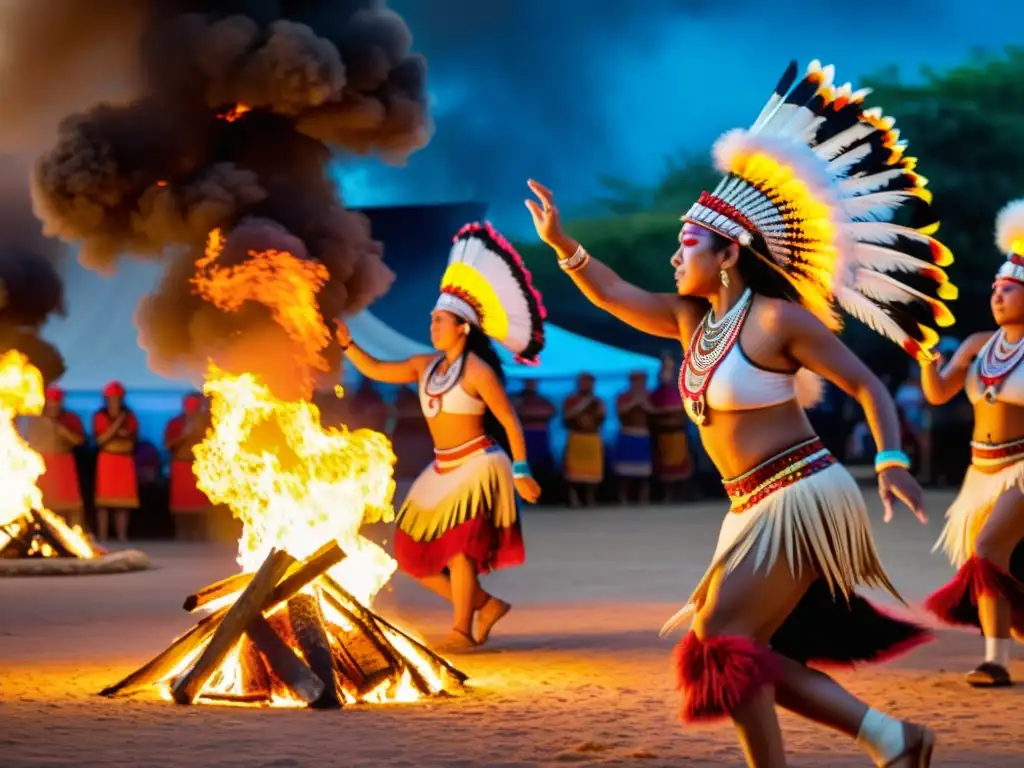 Grupo de bailarines indígenas danzando alrededor de un fuego en vibrantes atuendos ceremoniales