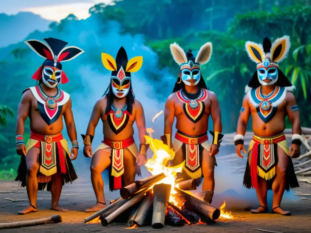 Grupo de bailarines indígenas con máscaras y trajes tradicionales, realizando un ritual alrededor de una fogata en la selva