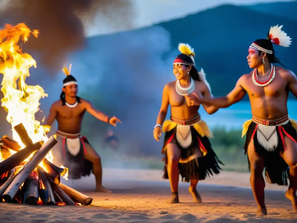 Grupo de bailarines indígenas realizando movimientos rituales alrededor del fuego, evocando conexión espiritual y reverencia cultural