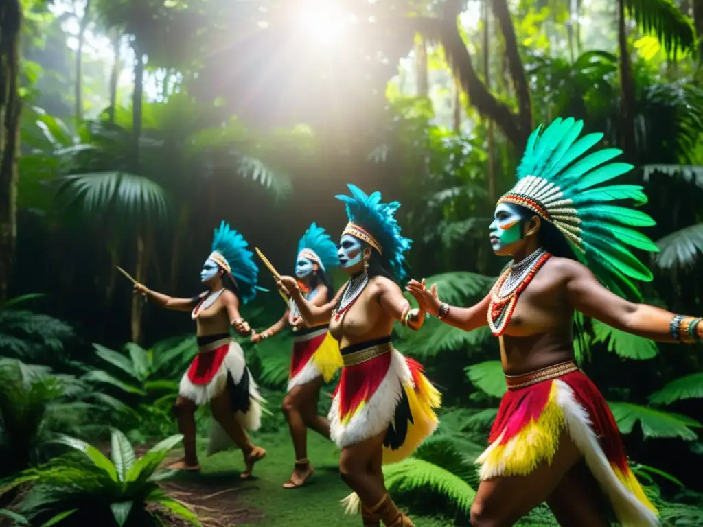 Grupo de bailarines indígenas en ritual cultural en la selva, honrando tradiciones ancestrales amenazadas por la globalización