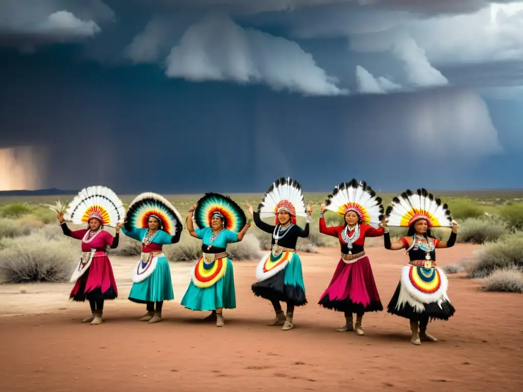 Grupo de bailarines indígenas realizando un ritual de lluvia con trajes tradicionales y plumas, contrastando con la sequía