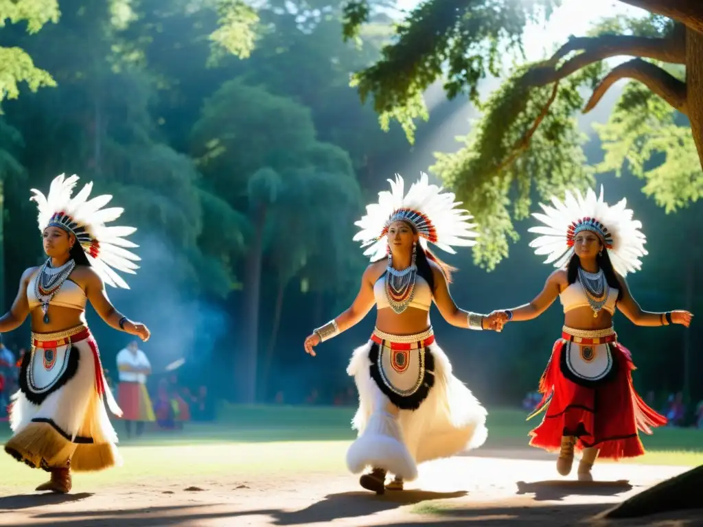 Grupo de bailarines indígenas realiza un ritual de danza y espiritualidad en el bosque