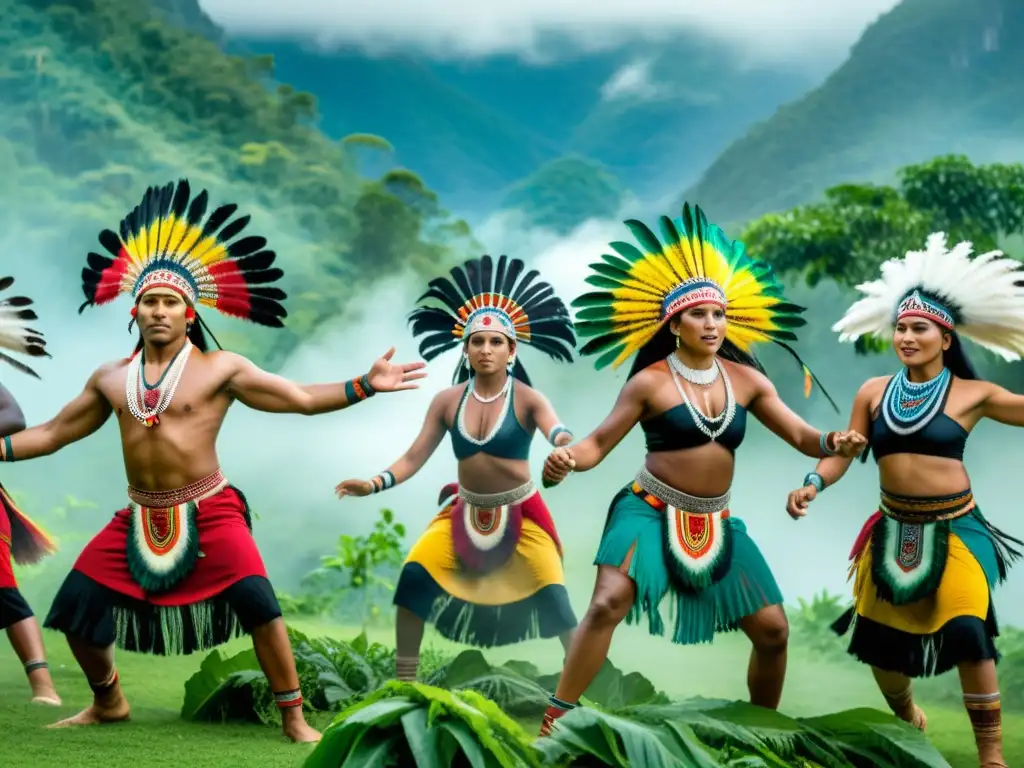 Grupo de bailarines indígenas en ritual de danza y espiritualidad, rodeados de naturaleza exuberante y montañas brumosas