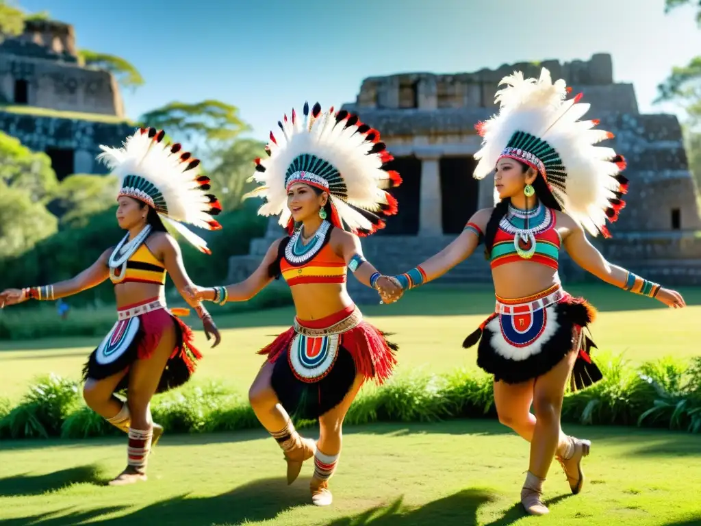 Grupo de bailarines indígenas en un ritual sagrado entre ruinas antiguas y exuberante vegetación