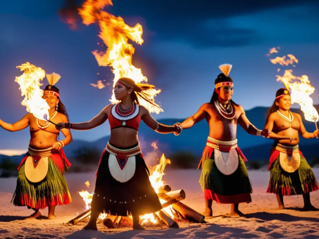 Grupo de bailarines indígenas en un ritual sagrado alrededor de una fogata, con vestimentas vibrantes