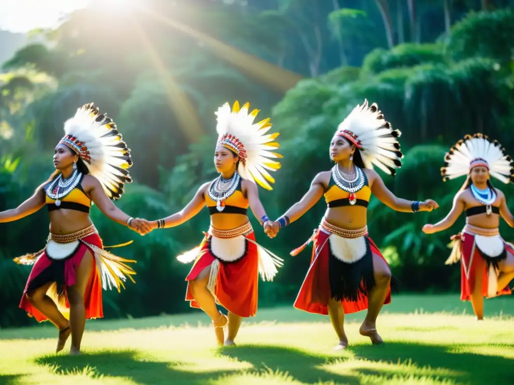 Grupo de bailarines indígenas realizando un ritual sagrado en un claro soleado, rodeados de exuberante vegetación