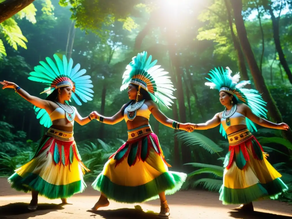 Grupo de bailarines indígenas ejecutan un ritual sagrado en la selva, con trajes coloridos y plumas