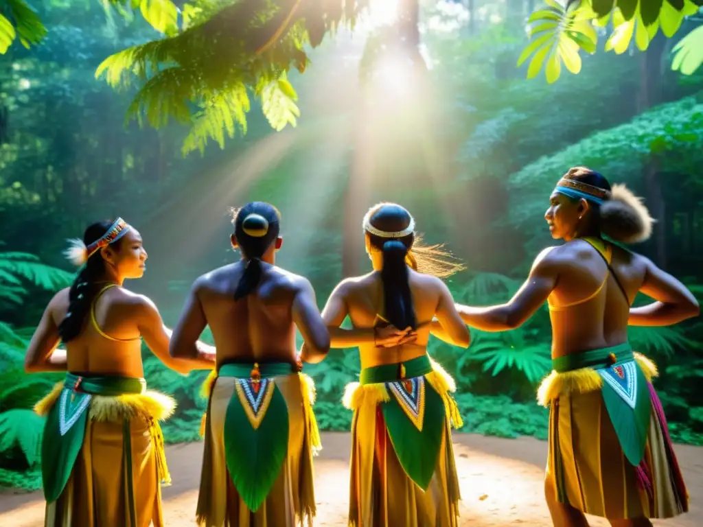 Danza ceremonial indígena en la selva: unión espiritual Un grupo de bailarines indígenas realiza un ritual de danza en la naturaleza, honrando la conexión sagrada entre humanidad y entorno natural