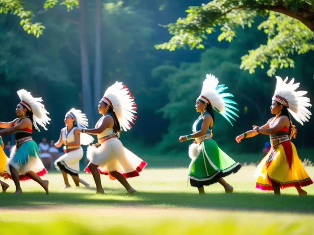 Danza ceremonial indígena en la naturaleza Grupo de bailarines indígenas realizando un ritual de danza en la naturaleza, con trajes tradicionales y plumas coloridas
