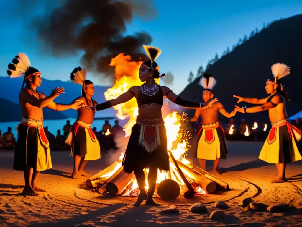 Un grupo de bailarines indígenas realiza un ritual sagrado alrededor de una fogata, en un ambiente de teatro y danza en rituales sagrados