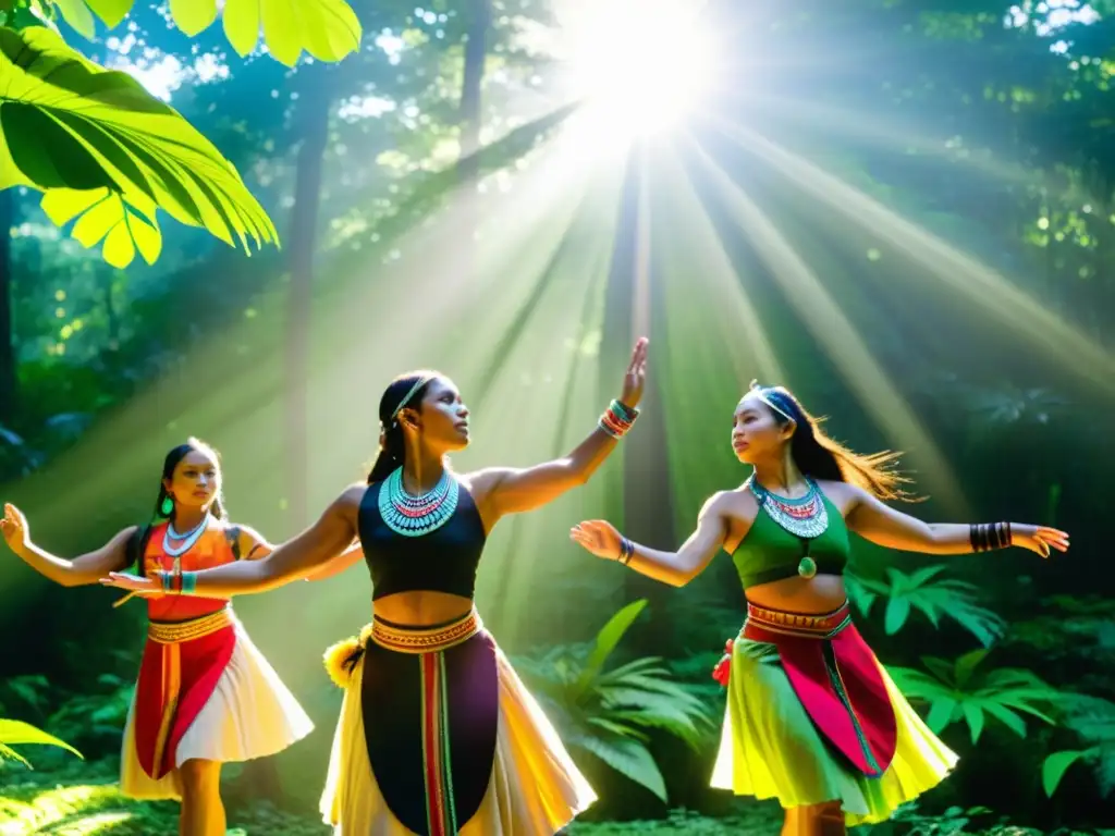 Danza sagrada de indígenas en la selva Grupo de bailarines indígenas realizando rituales de danzas en la naturaleza, entre árboles y luz solar filtrada