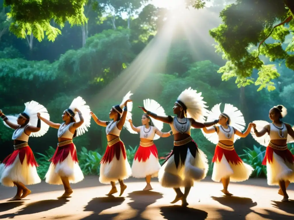 Danza ancestral en la selva: conexión y tradición indígena Grupo de bailarines indígenas realiza rituales de danzas en la naturaleza, con vestimenta tradicional en un entorno natural exuberante y vibrante