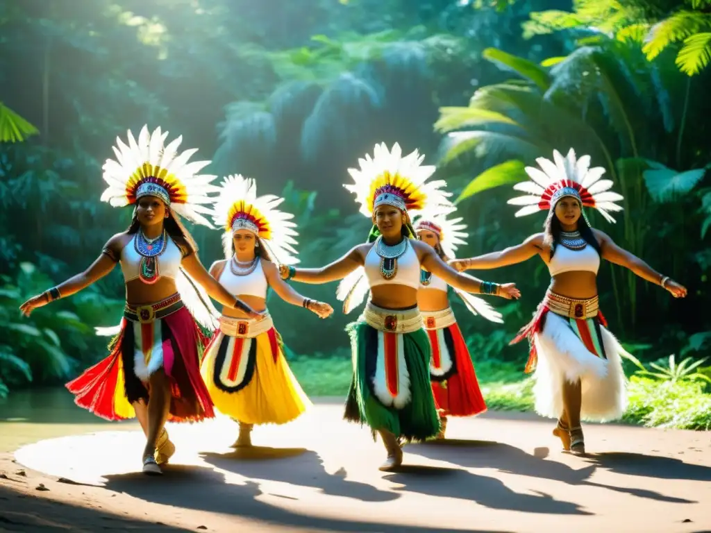 Grupo de bailarines indígenas realizando rituales y danzas sagradas comparadas en la selva, con trajes coloridos y tocados de plumas