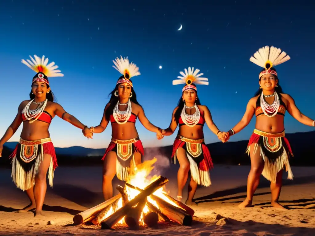 Grupo de bailarines indígenas en trajes tradicionales, pintados y en éxtasis durante ritual de trance alrededor de fogata bajo la luna