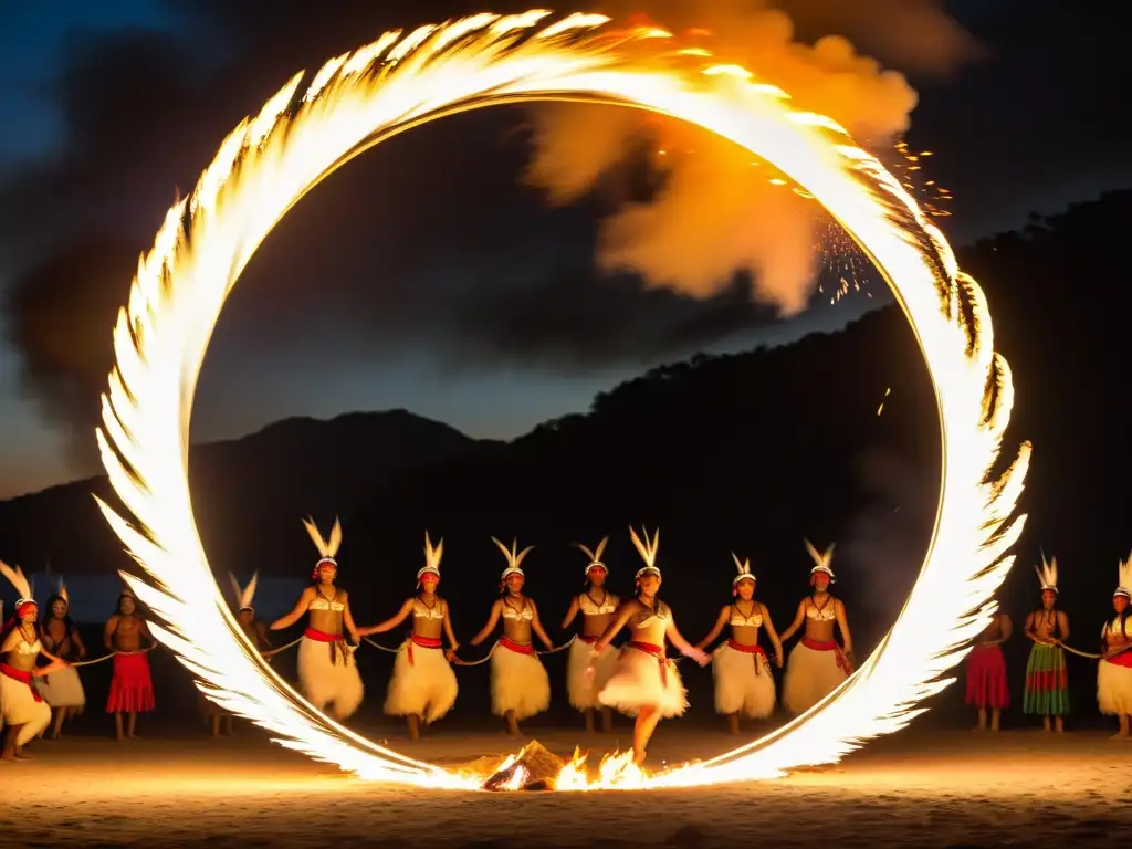 Grupo de bailarines indígenas en trajes vibrantes danzan alrededor de una fogata en rituales de trance y éxtasis