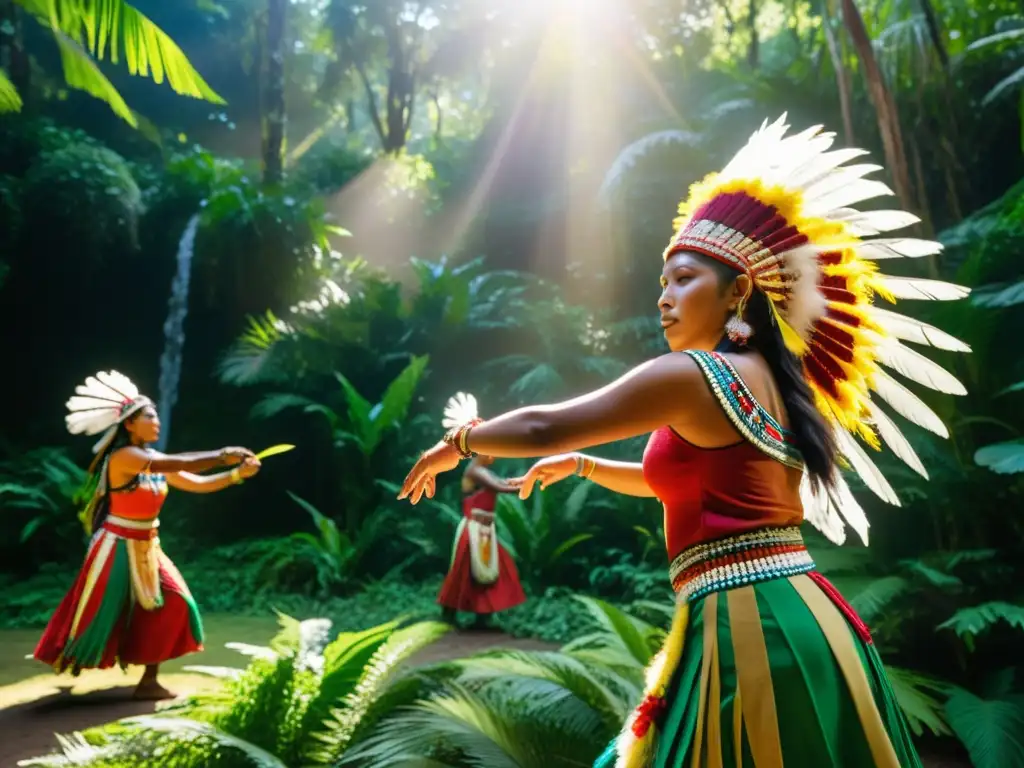 Grupo de bailarines indígenas en vibrante danza ritual terapéutica en la selva exuberante