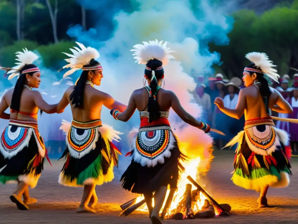 Grupo de bailarines indígenas en vibrante atuendo tradicional realizando un ritual terapéutico danza salud culturas alrededor de la fogata