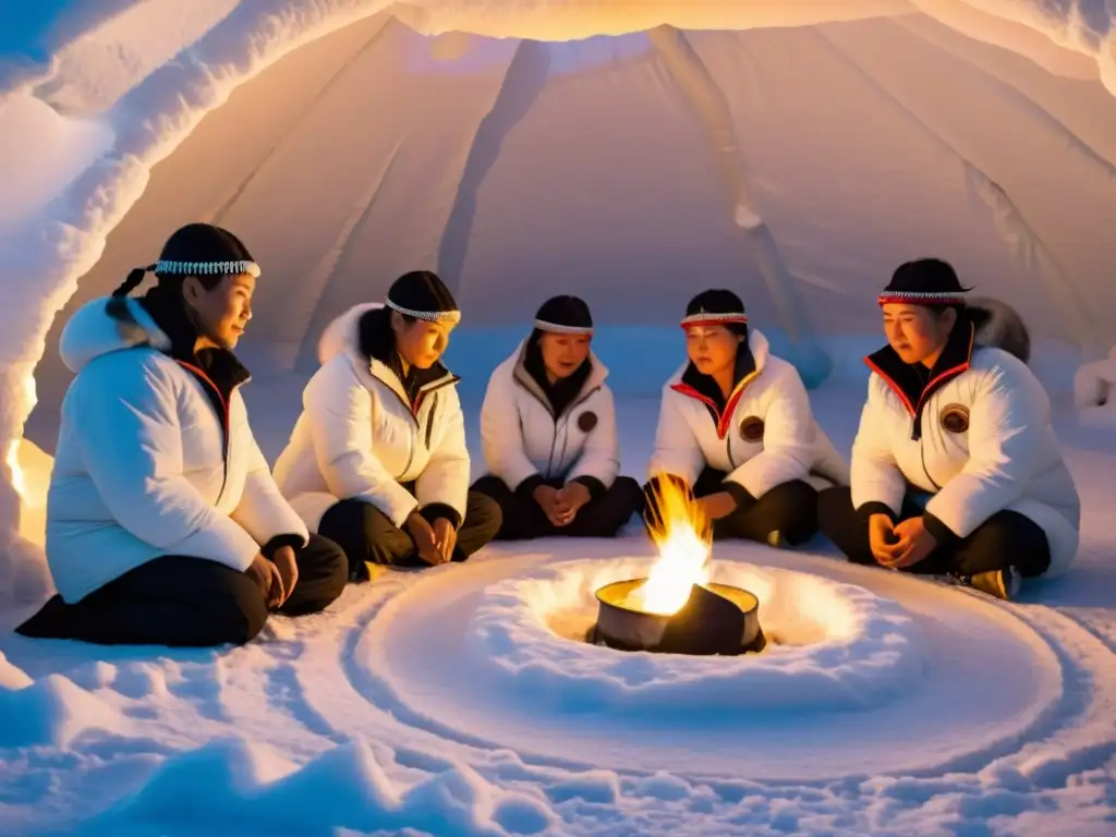 Un grupo de bailarines inuit realiza un ritual en un iglú nevado, con música y danza en rituales inuit