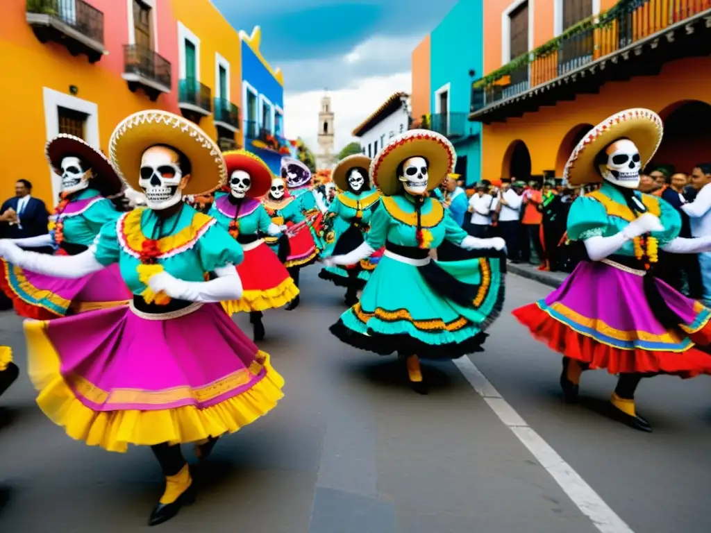 Grupo de bailarines con máscaras de calavera y trajes coloridos, danzando en el Festival de los Muertos en México