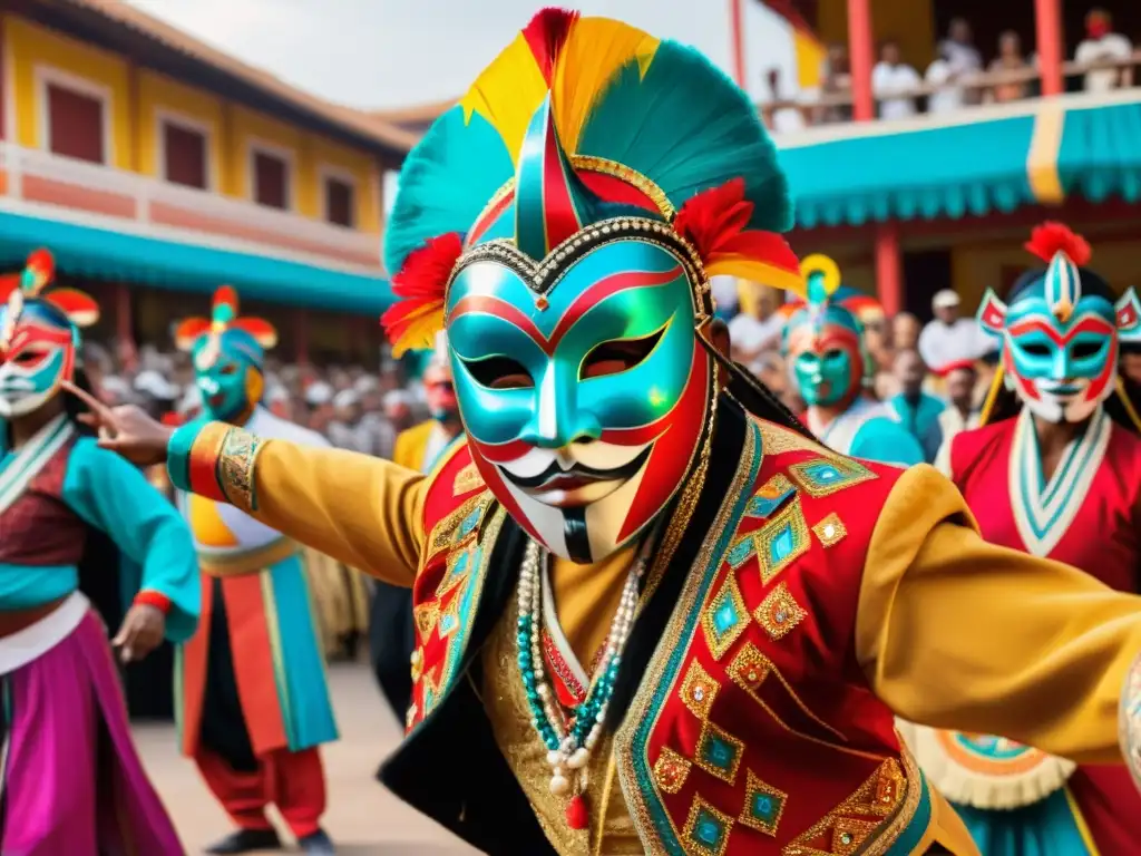 Grupo de bailarines con máscaras y trajes vibrantes realizando rituales de máscaras en África Occidental