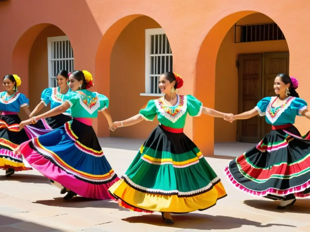 Grupo de bailarines mexicanos en trajes coloridos ejecutando la danza folclórica mexicana en rituales, con pasión y energía en un patio soleado