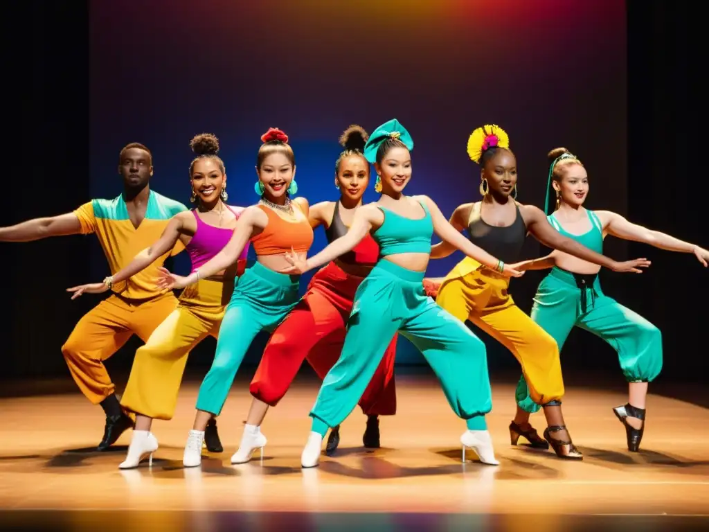 Un grupo de bailarines modernos en perfecta sincronización, celebrando la diversidad en rituales de danza moderna en TikTok