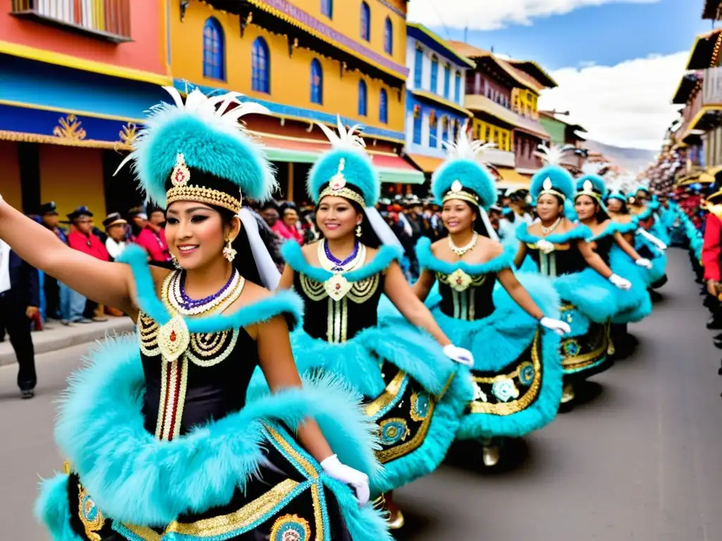 Grupo de bailarines de Morenada y Caporales con trajes elaborados, en el Carnaval de Oruro, mostrando el sincretismo en la festividad