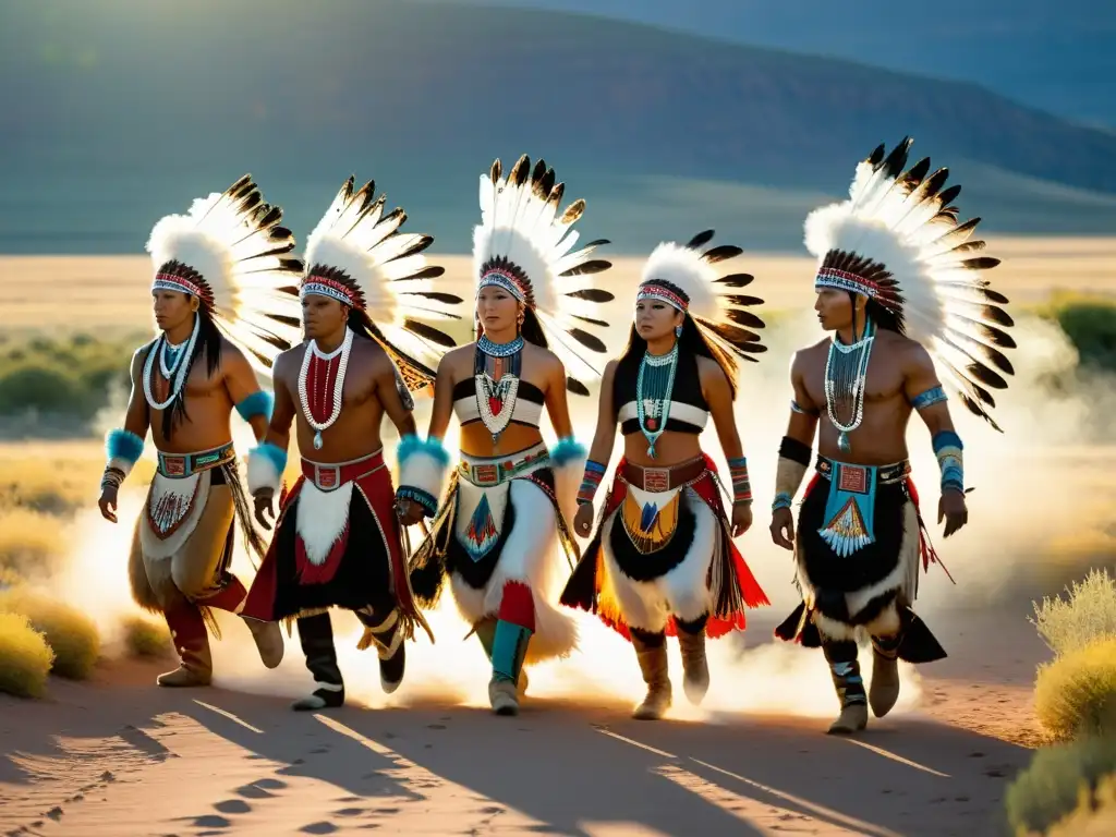 Grupo de bailarines nativos americanos realizando el sagrado ritual del Sol, con vestimenta tradicional en las llanuras norteamericanas