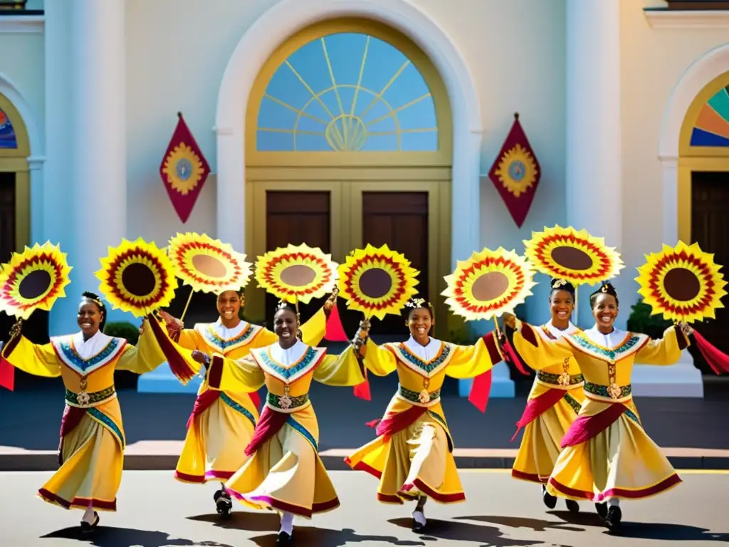 Grupo de bailarines en procesión nupcial con trajes vibrantes y patrones intrincados, rodeados de una atmósfera festiva y cultural