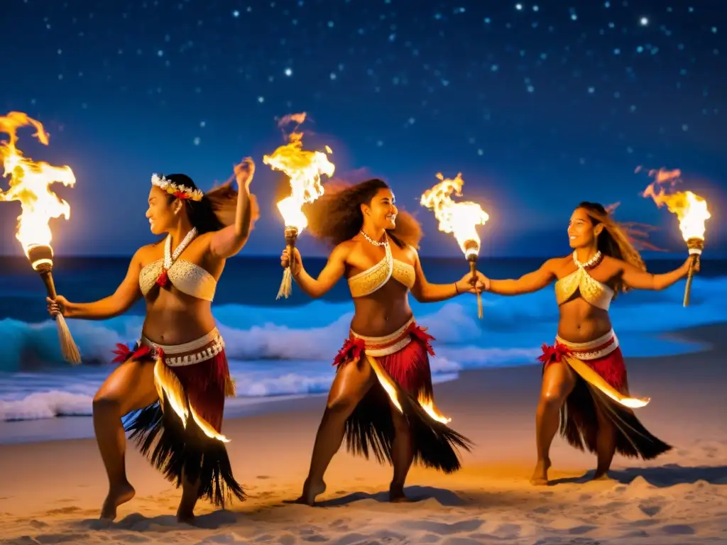 Grupo de bailarines polinesios realizando danzas de fuego en la playa bajo un cielo estrellado, evocando rituales ancestrales Polinesia danzas fuego