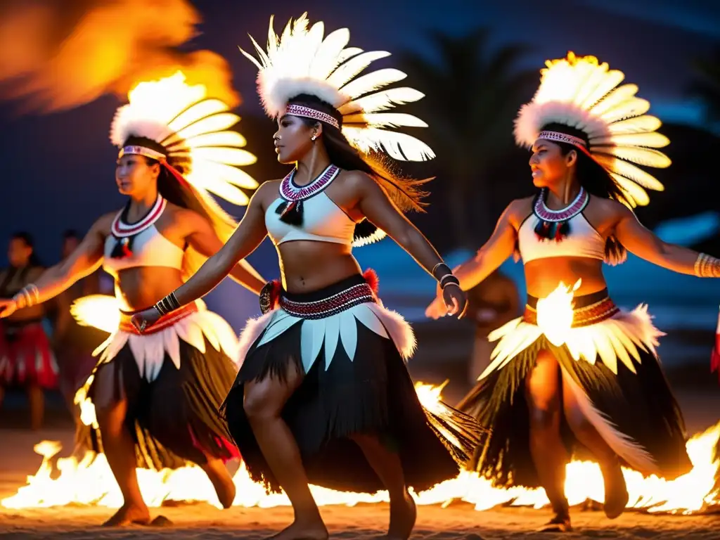 Grupo de bailarines polinesios realizando rituales ancestrales alrededor del fuego