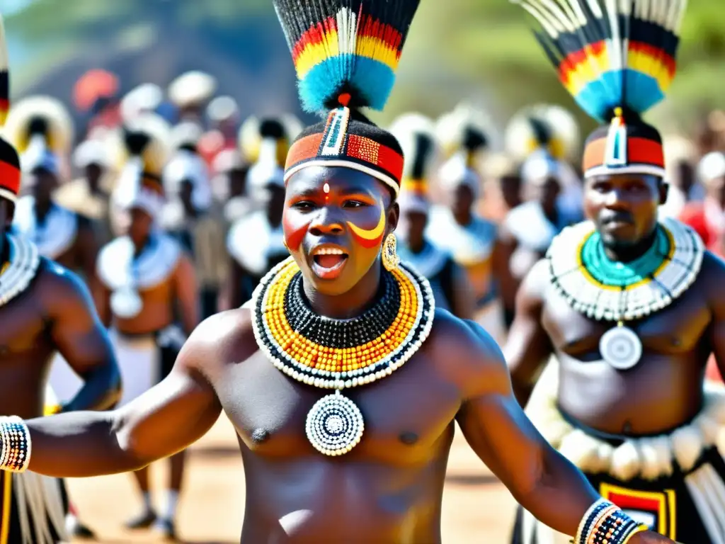 Grupo de bailarines Zulú en rituales de iniciación, danza sagrada en la naturaleza africana al atardecer