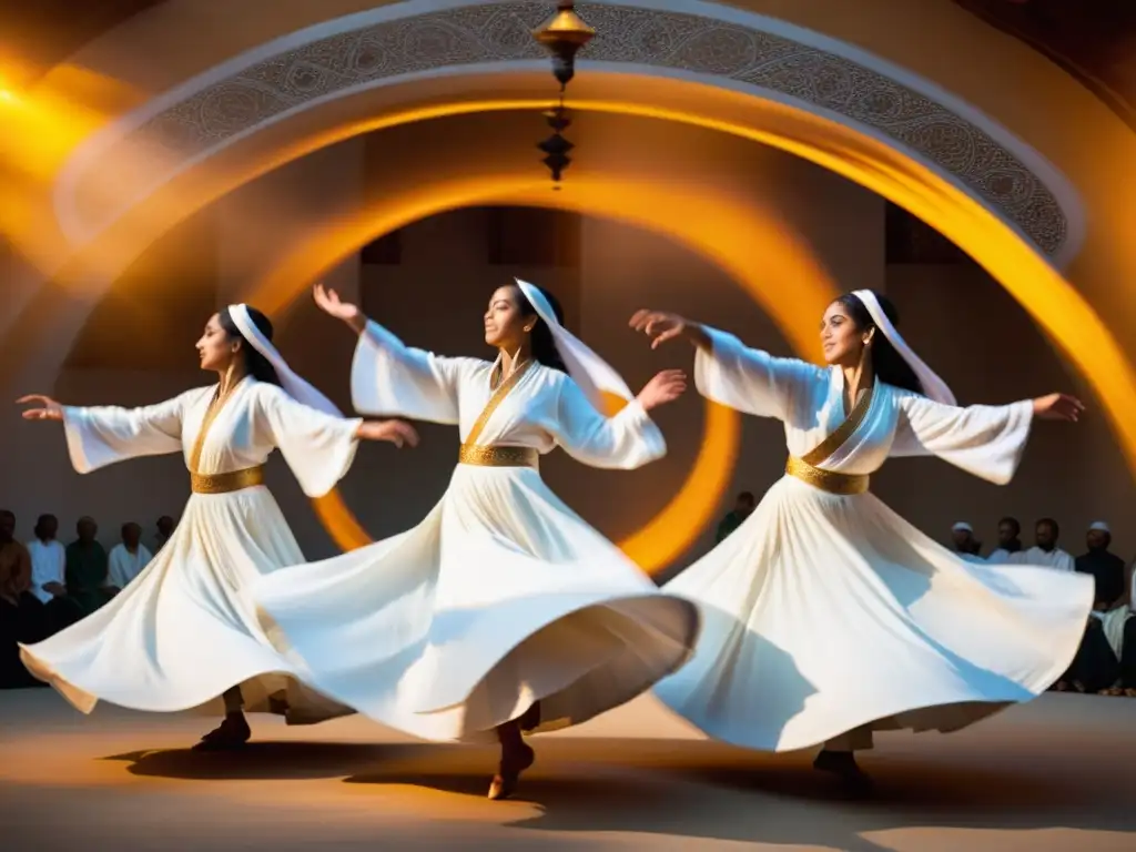 Grupo de bailarines sufíes girando en círculo, ataviados con túnicas blancas y envueltos en luz dorada, creando un efecto hipnótico