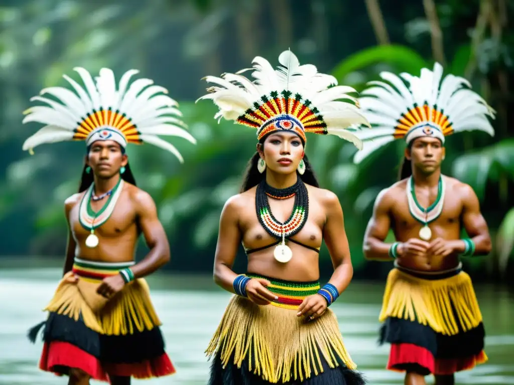 Grupo de bailarines Ticuna realizando la Danza Queixada, expresando su significado cultural en la exuberante selva amazónica