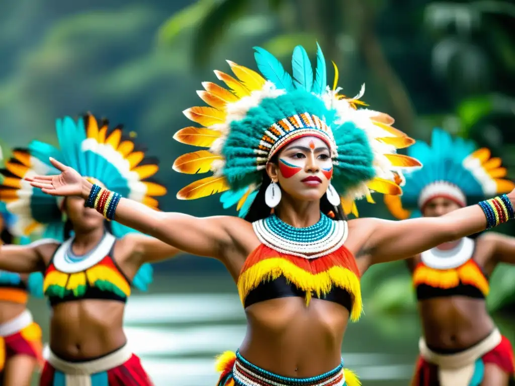 Grupo de bailarines Ticuna en trajes tradicionales realizando la Danza Queixada, expresión cultural centenaria en la selva amazónica