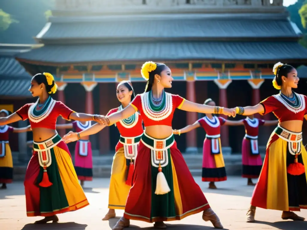 Grupo de bailarines en trajes ceremoniales realizando danzas alrededor de un templo antiguo iluminado por el sol