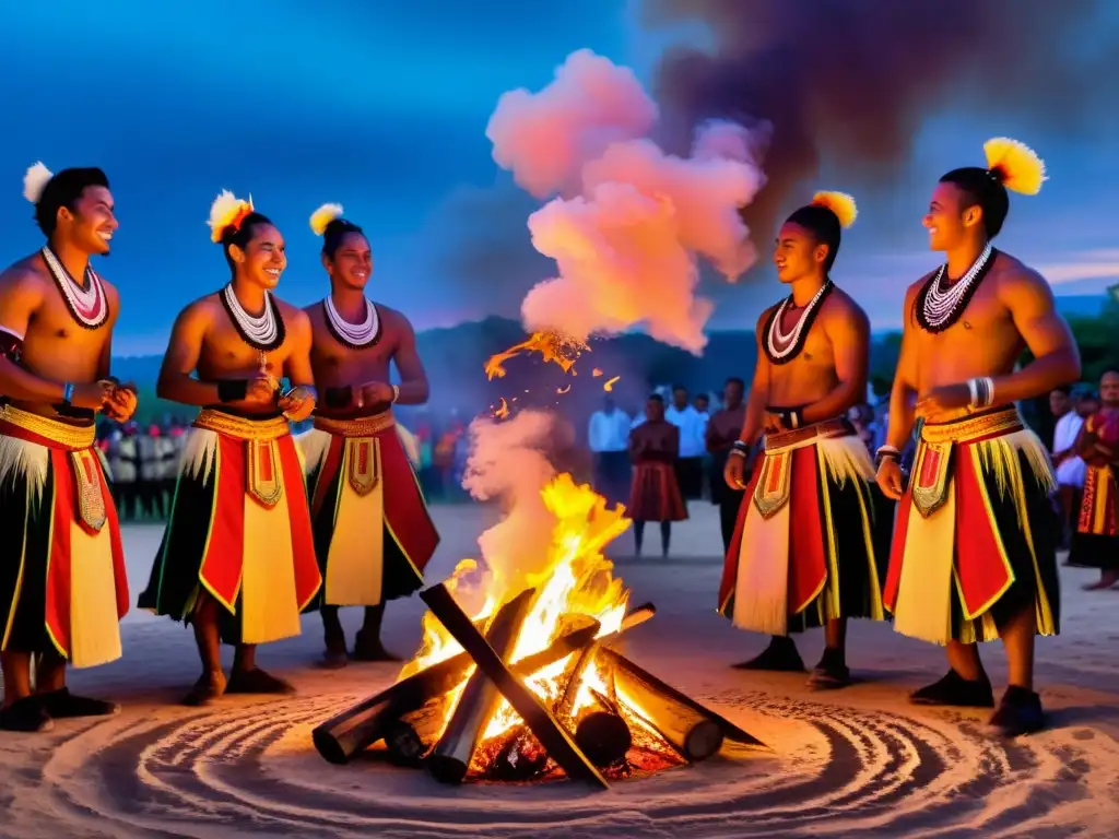 Grupo de bailarines en trajes ceremoniales alrededor de una fogata, con música y colores vibrantes