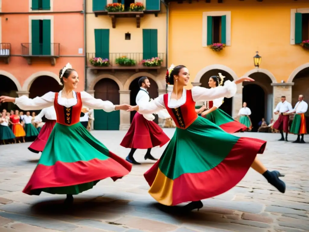 Grupo de bailarines en trajes italianos tradicionales realizando la enérgica danza tarantasio italiano en una plaza del pueblo