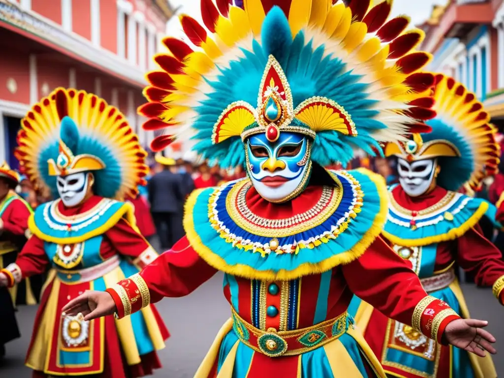 Grupo de bailarines en trajes vibrantes y máscaras en el Carnaval de Oruro, mostrando el sincretismo cultural en la danza de la Diablada