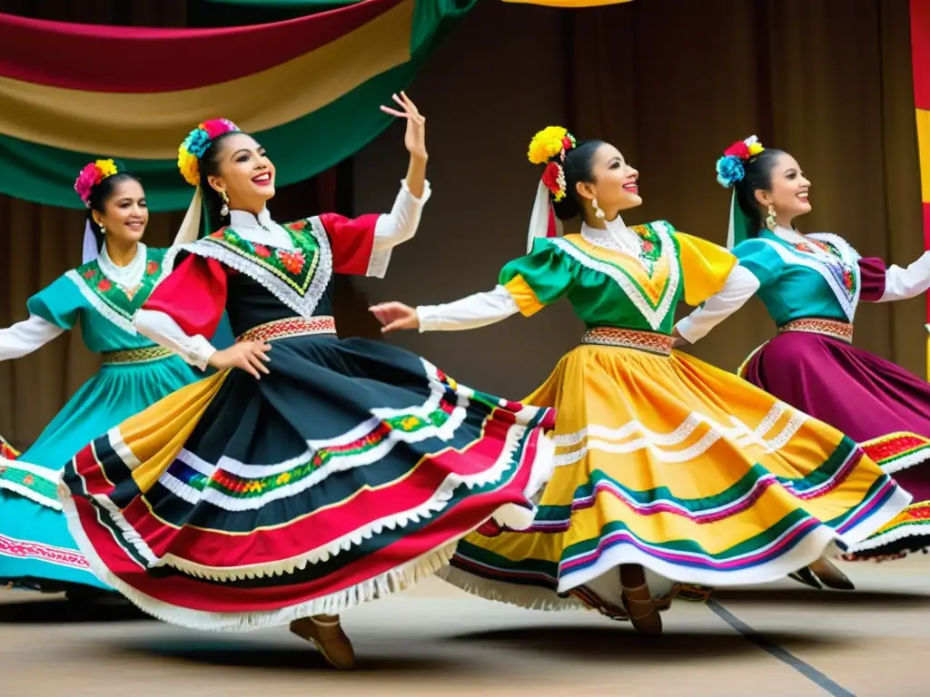 Grupo de bailarines en vibrante ballet folklórico mexicano, destacando la importancia del baile y la cultura tradicional