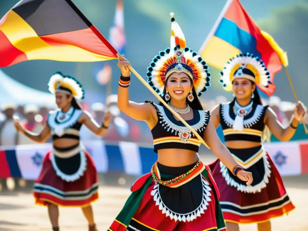 Grupo de baile indígena en celebración de independencia con trajes tradicionales vibrantes, capturando la moda en celebraciones de independencia