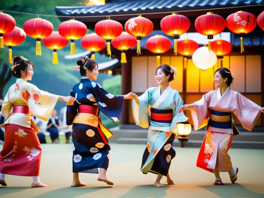 Bon Odori: Danza japonesa en kimono bajo el atardecer Grupo bailando Bon Odori en festival japonés honra ancestros, con kimonos coloridos y ambiente festivo al atardecer