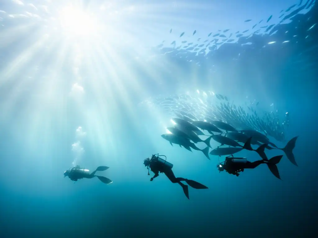 Un grupo de buceadores nadando con una impresionante escuela de peces plateados en aguas cristalinas